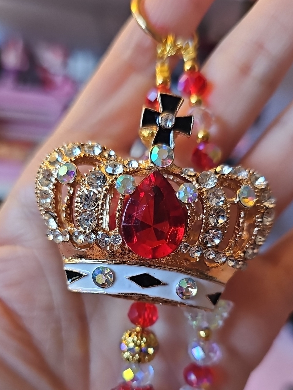 Gold Crown Pendant Phone Charm with Red Crystal Accent